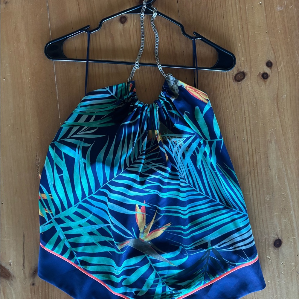 Express Tropical Print Halter Top - Blue and Green